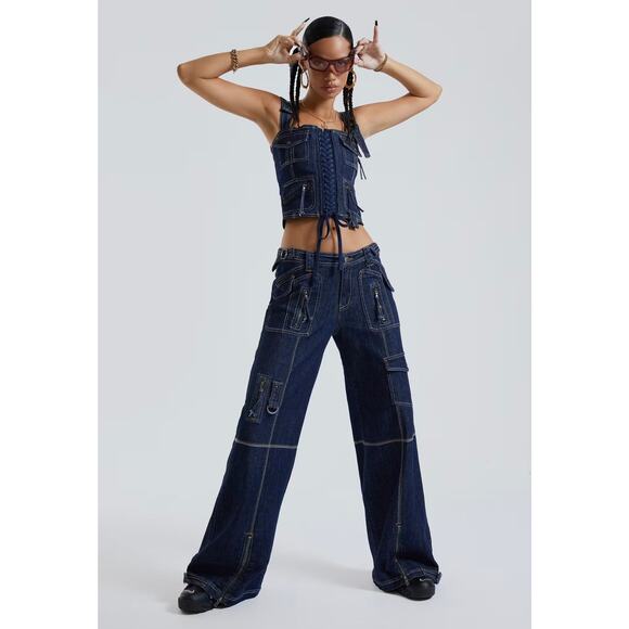 NWOT Jaded London Denim Corset Top Lace-Up Utility Pocket Y2K Jean Bustier US 6 - Picture 2 of 16